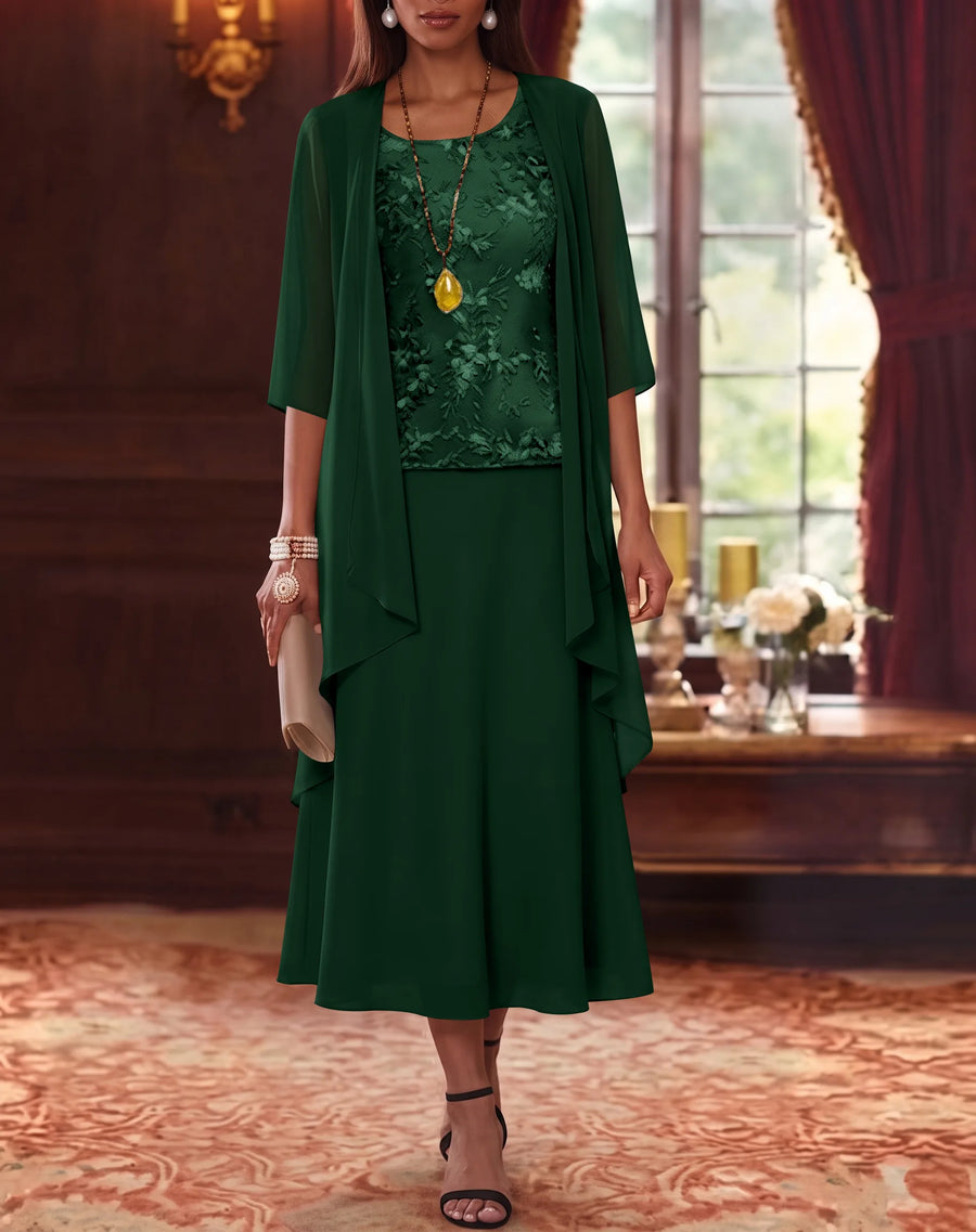 2 Pieces A-Line/Princess Scoop Chiffon Mother of the Bride Dresses with Jacket 3/4 Sleeves Tea-Length Lace