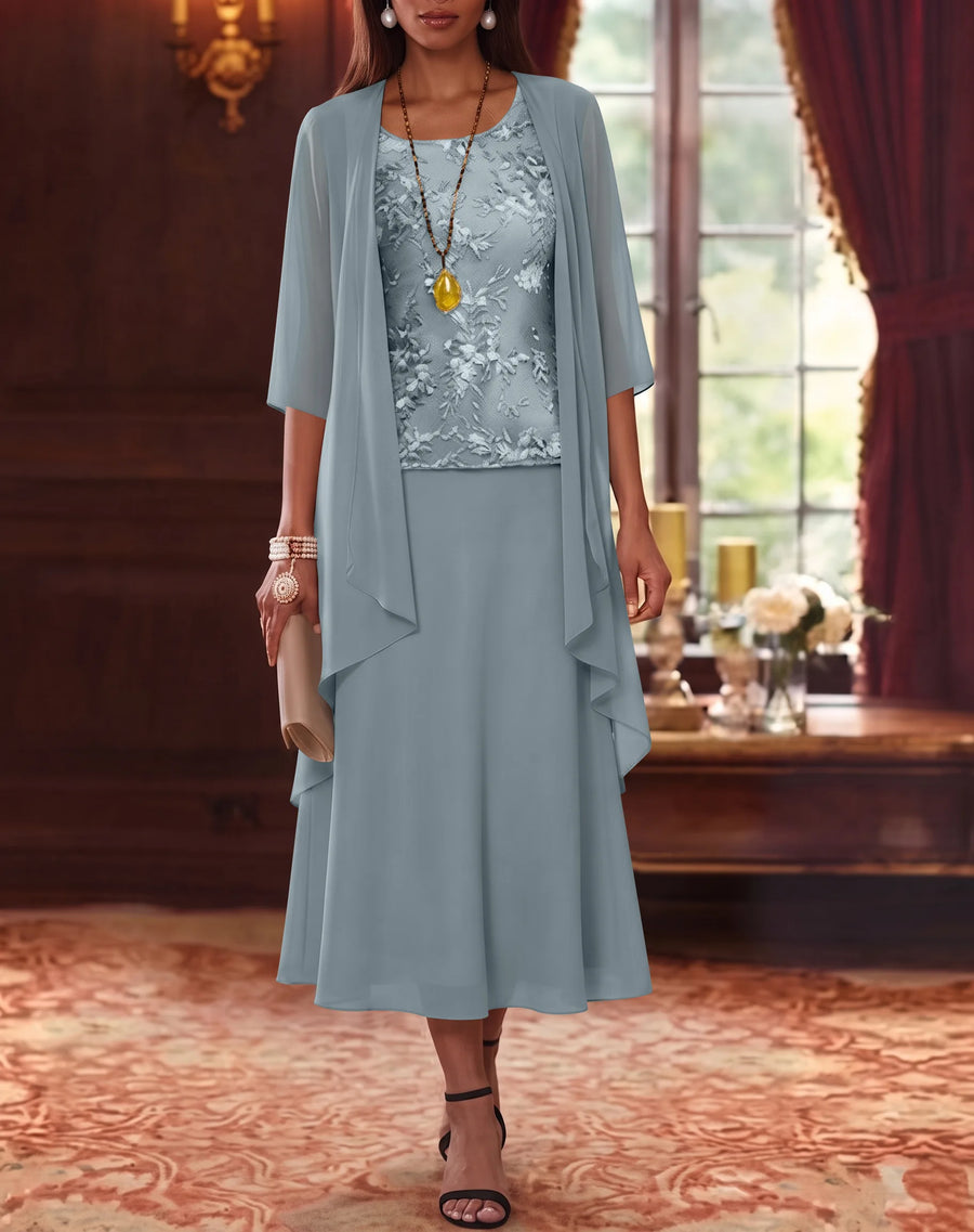 2 Pieces A-Line/Princess Scoop Chiffon Mother of the Bride Dresses with Jacket 3/4 Sleeves Tea-Length Lace