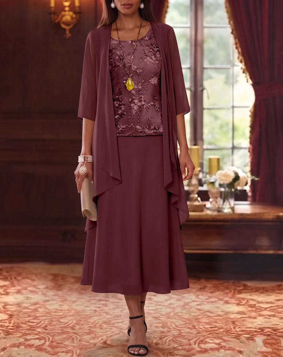 2 Pieces A-Line/Princess Scoop Chiffon Mother of the Bride Dresses with Jacket 3/4 Sleeves Tea-Length Lace