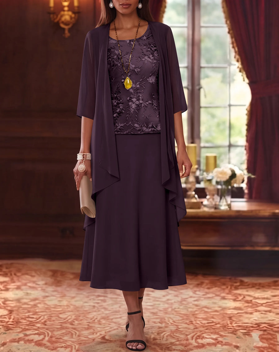 2 Pieces A-Line/Princess Scoop Chiffon Mother of the Bride Dresses with Jacket 3/4 Sleeves Tea-Length Lace