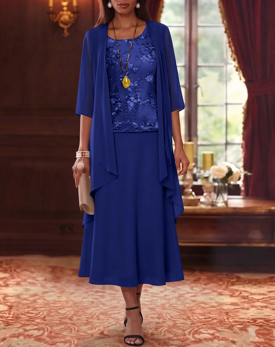 2 Pieces A-Line/Princess Scoop Chiffon Mother of the Bride Dresses with Jacket 3/4 Sleeves Tea-Length Lace