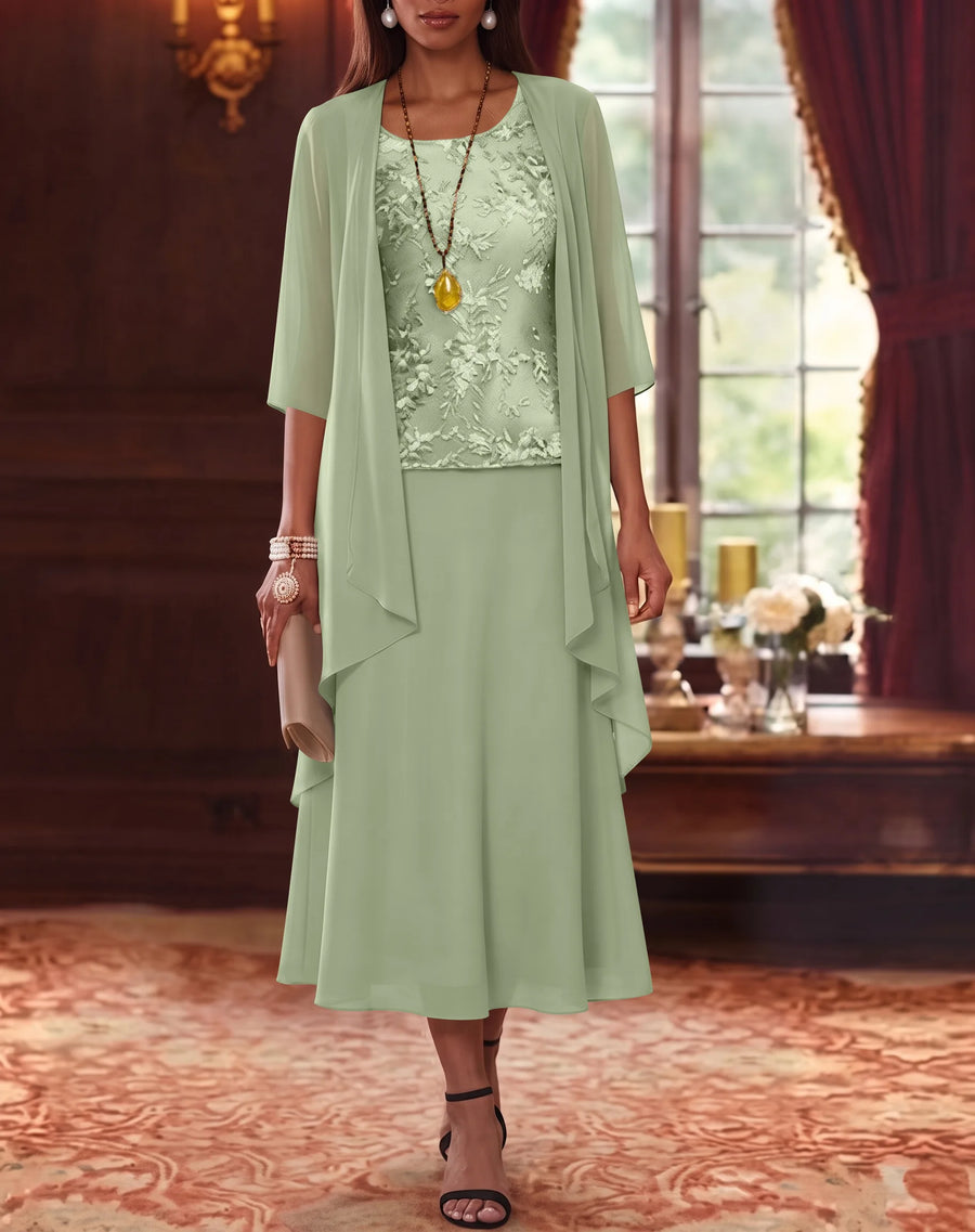 2 Pieces A-Line/Princess Scoop Chiffon Mother of the Bride Dresses with Jacket 3/4 Sleeves Tea-Length Lace