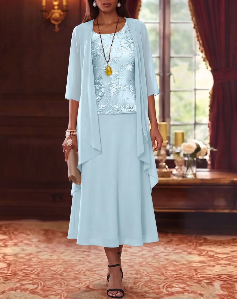 2 Pieces A-Line/Princess Scoop Chiffon Mother of the Bride Dresses with Jacket 3/4 Sleeves Tea-Length Lace
