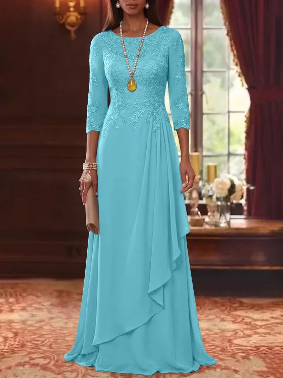 A-Line/Princess Scoop Chiffon Mother of the Bride Dresses 3/4 Sleeves Lace Floor-Length With Pleated