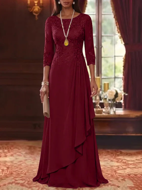 A-Line/Princess Scoop Chiffon Mother of the Bride Dresses 3/4 Sleeves Lace Floor-Length With Pleated