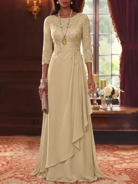A-Line/Princess Scoop Chiffon Mother of the Bride Dresses 3/4 Sleeves Lace Floor-Length With Pleated
