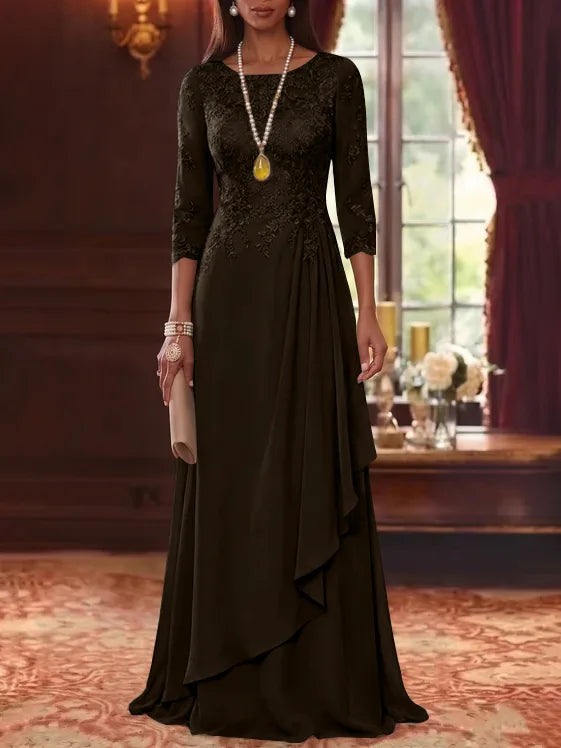 A-Line/Princess Scoop Chiffon Mother of the Bride Dresses 3/4 Sleeves Lace Floor-Length With Pleated
