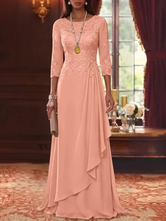 A-Line/Princess Scoop Chiffon Mother of the Bride Dresses 3/4 Sleeves Lace Floor-Length With Pleated