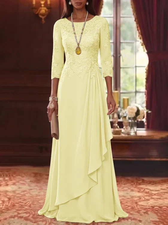 A-Line/Princess Scoop Chiffon Mother of the Bride Dresses 3/4 Sleeves Lace Floor-Length With Pleated
