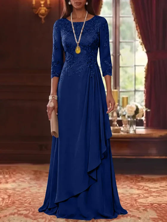 A-Line/Princess Scoop Chiffon Mother of the Bride Dresses 3/4 Sleeves Lace Floor-Length With Pleated