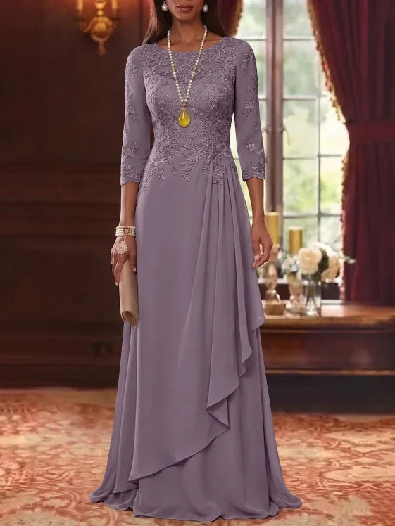 A-Line/Princess Scoop Chiffon Mother of the Bride Dresses 3/4 Sleeves Lace Floor-Length With Pleated