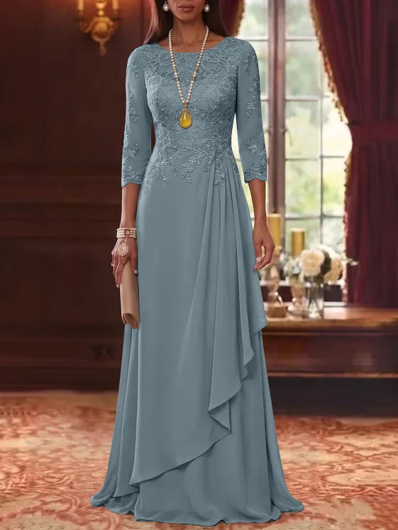 A-Line/Princess Scoop Chiffon Mother of the Bride Dresses 3/4 Sleeves Lace Floor-Length With Pleated