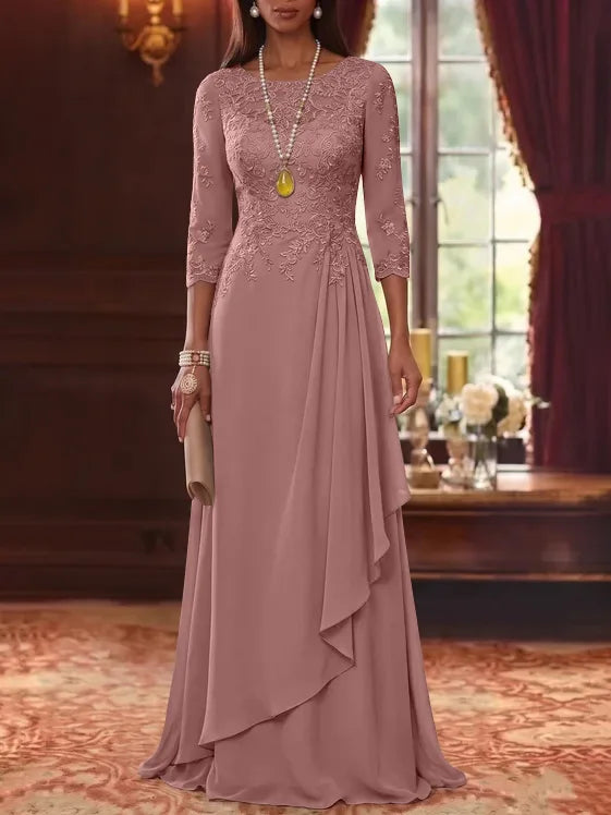 A-Line/Princess Scoop Chiffon Mother of the Bride Dresses 3/4 Sleeves Lace Floor-Length With Pleated