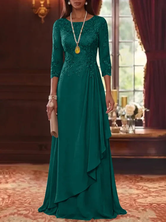 A-Line/Princess Scoop Chiffon Mother of the Bride Dresses 3/4 Sleeves Lace Floor-Length With Pleated