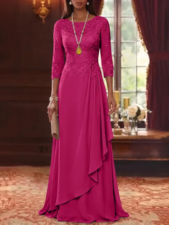 A-Line/Princess Scoop Chiffon Mother of the Bride Dresses 3/4 Sleeves Lace Floor-Length With Pleated