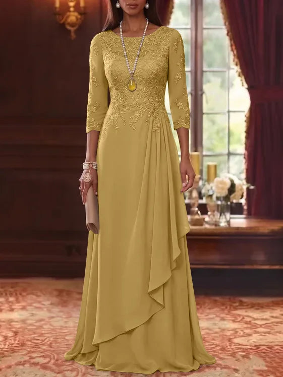 A-Line/Princess Scoop Chiffon Mother of the Bride Dresses 3/4 Sleeves Lace Floor-Length With Pleated