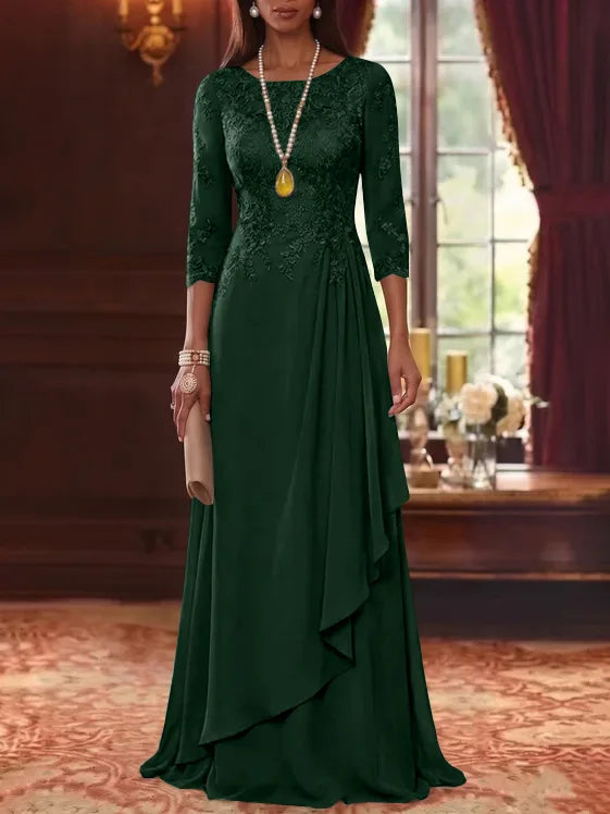 A-Line/Princess Scoop Chiffon Mother of the Bride Dresses 3/4 Sleeves Lace Floor-Length With Pleated
