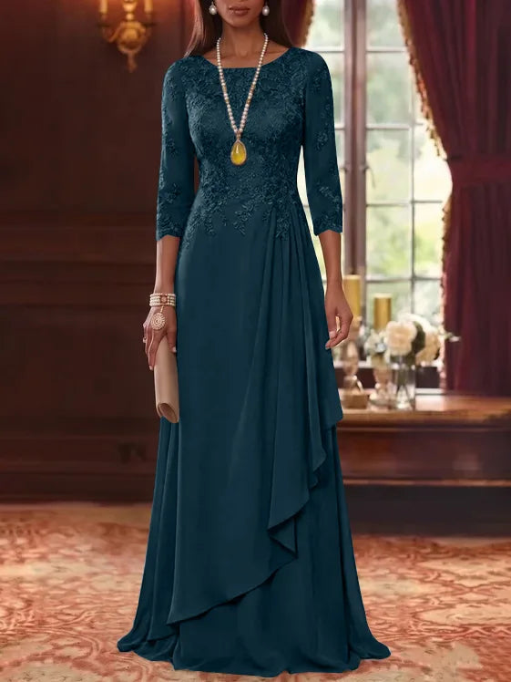 A-Line/Princess Scoop Chiffon Mother of the Bride Dresses 3/4 Sleeves Lace Floor-Length With Pleated