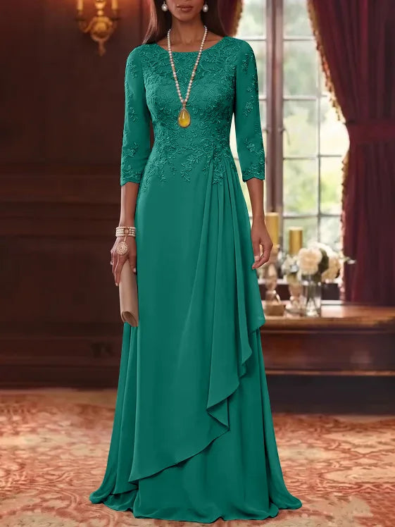 A-Line/Princess Scoop Chiffon Mother of the Bride Dresses 3/4 Sleeves Lace Floor-Length With Pleated