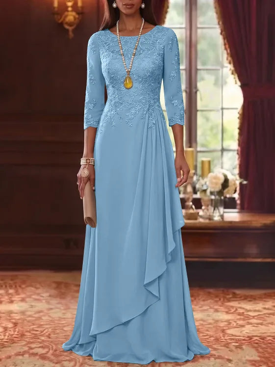 A-Line/Princess Scoop Chiffon Mother of the Bride Dresses 3/4 Sleeves Lace Floor-Length With Pleated