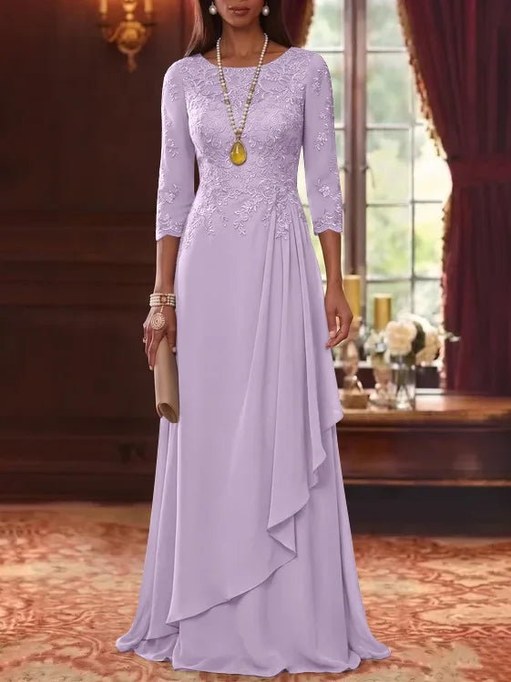 A-Line/Princess Scoop Chiffon Mother of the Bride Dresses 3/4 Sleeves Lace Floor-Length With Pleated