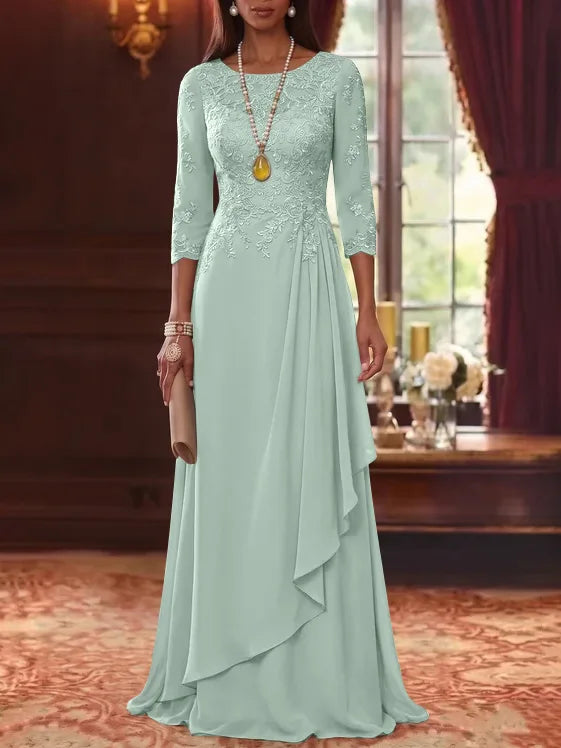 A-Line/Princess Scoop Chiffon Mother of the Bride Dresses 3/4 Sleeves Lace Floor-Length With Pleated