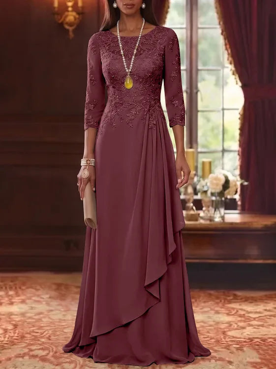 A-Line/Princess Scoop Chiffon Mother of the Bride Dresses 3/4 Sleeves Lace Floor-Length With Pleated
