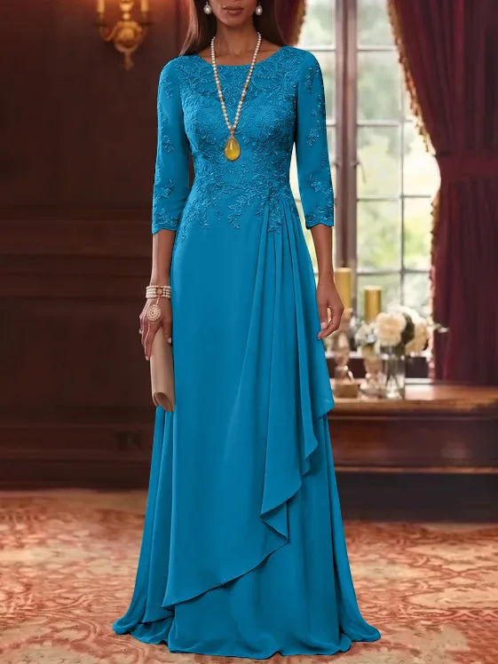 A-Line/Princess Scoop Chiffon Mother of the Bride Dresses 3/4 Sleeves Lace Floor-Length With Pleated