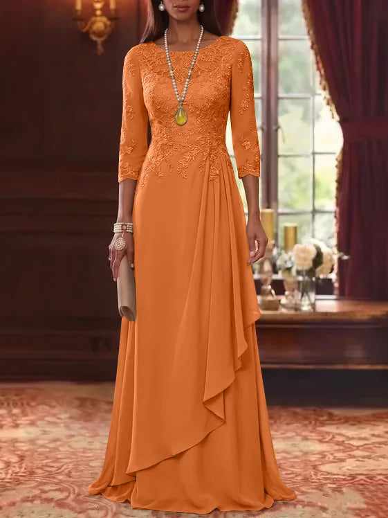 A-Line/Princess Scoop Chiffon Mother of the Bride Dresses 3/4 Sleeves Lace Floor-Length With Pleated