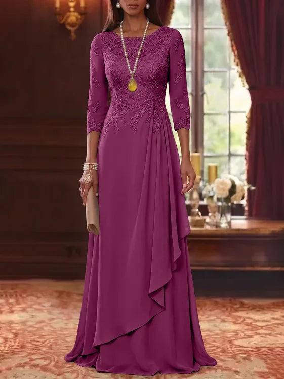 A-Line/Princess Scoop Chiffon Mother of the Bride Dresses 3/4 Sleeves Lace Floor-Length With Pleated
