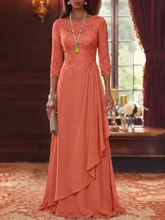 A-Line/Princess Scoop Chiffon Mother of the Bride Dresses 3/4 Sleeves Lace Floor-Length With Pleated