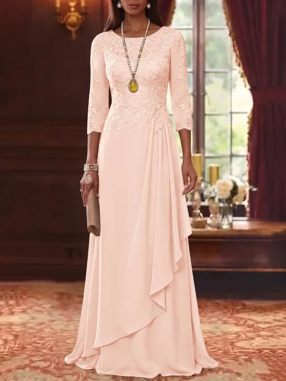 A-Line/Princess Scoop Chiffon Mother of the Bride Dresses 3/4 Sleeves Lace Floor-Length With Pleated