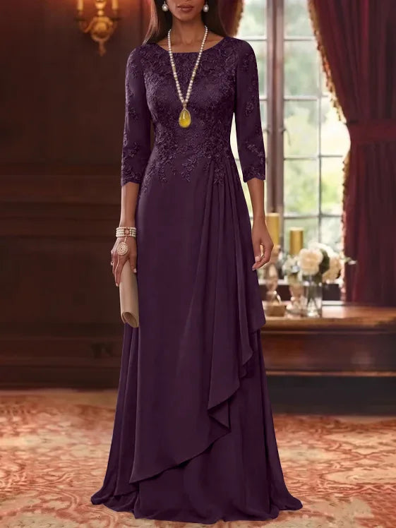 A-Line/Princess Scoop Chiffon Mother of the Bride Dresses 3/4 Sleeves Lace Floor-Length With Pleated