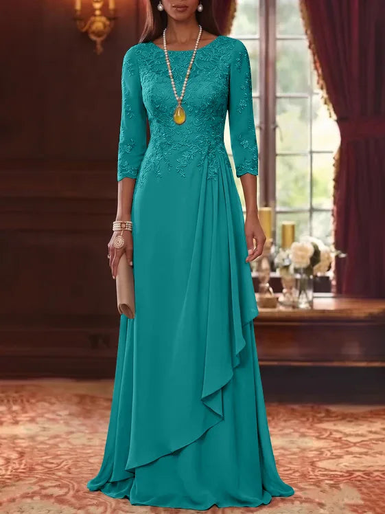 A-Line/Princess Scoop Chiffon Mother of the Bride Dresses 3/4 Sleeves Lace Floor-Length With Pleated