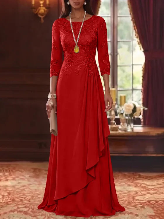 A-Line/Princess Scoop Chiffon Mother of the Bride Dresses 3/4 Sleeves Lace Floor-Length With Pleated