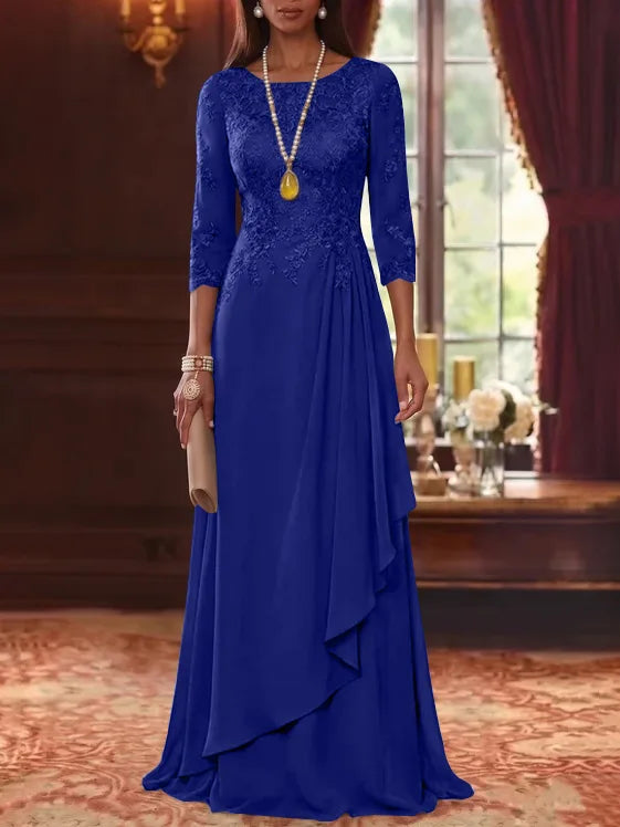 A-Line/Princess Scoop Chiffon Mother of the Bride Dresses 3/4 Sleeves Lace Floor-Length With Pleated