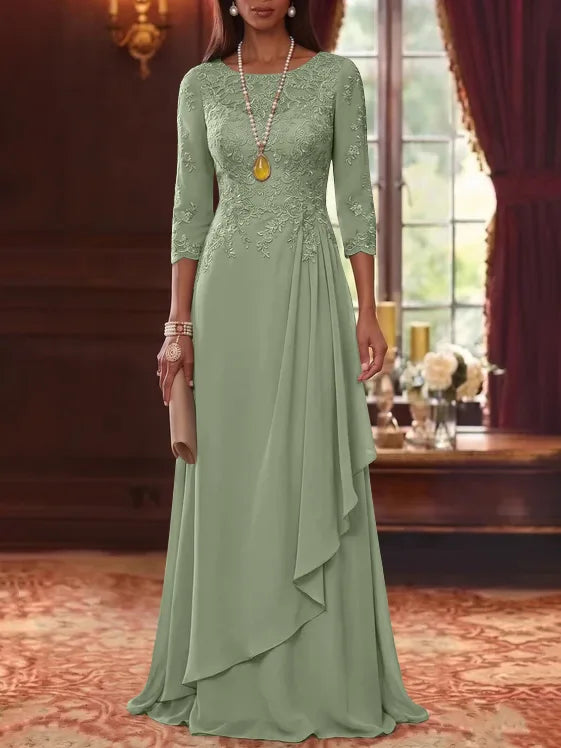 A-Line/Princess Scoop Chiffon Mother of the Bride Dresses 3/4 Sleeves Lace Floor-Length With Pleated