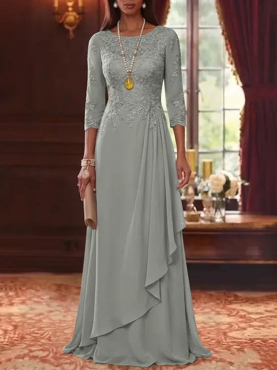 A-Line/Princess Scoop Chiffon Mother of the Bride Dresses 3/4 Sleeves Lace Floor-Length With Pleated