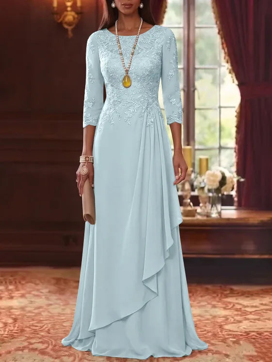 A-Line/Princess Scoop Chiffon Mother of the Bride Dresses 3/4 Sleeves Lace Floor-Length With Pleated