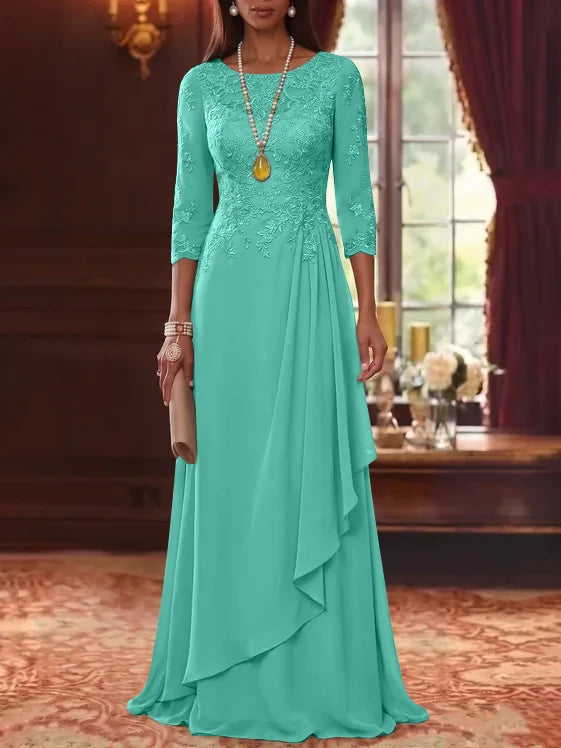 A-Line/Princess Scoop Chiffon Mother of the Bride Dresses 3/4 Sleeves Lace Floor-Length With Pleated