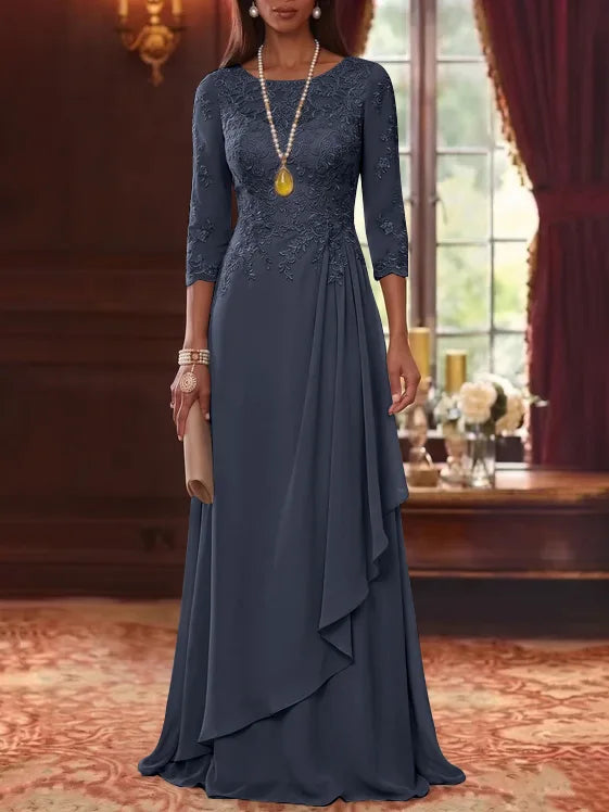 A-Line/Princess Scoop Chiffon Mother of the Bride Dresses 3/4 Sleeves Lace Floor-Length With Pleated