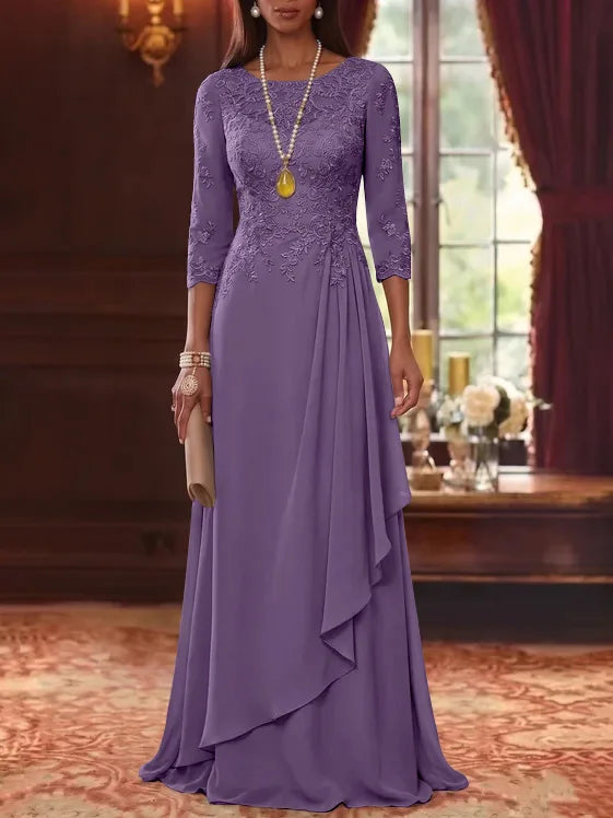 A-Line/Princess Scoop Chiffon Mother of the Bride Dresses 3/4 Sleeves Lace Floor-Length With Pleated