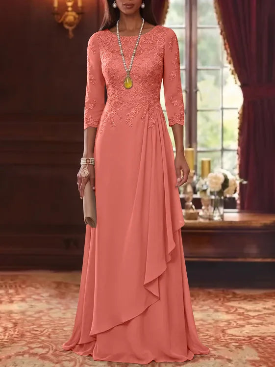 A-Line/Princess Scoop Chiffon Mother of the Bride Dresses 3/4 Sleeves Lace Floor-Length With Pleated