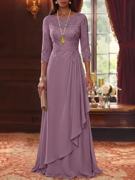A-Line/Princess Scoop Chiffon Mother of the Bride Dresses 3/4 Sleeves Lace Floor-Length With Pleated