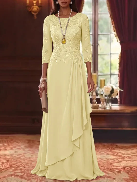A-Line/Princess Scoop Chiffon Mother of the Bride Dresses 3/4 Sleeves Lace Floor-Length With Pleated