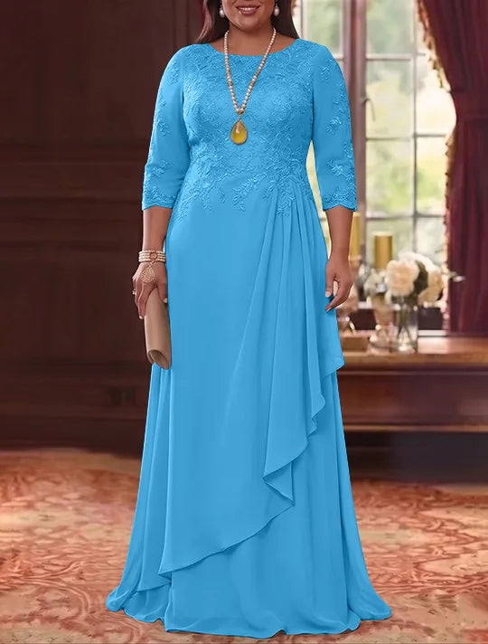 A-Line/Princess Scoop Chiffon Plus Size Mother of the Bride Dresses 3/4 Sleeves Lace Floor-Length With Pleated