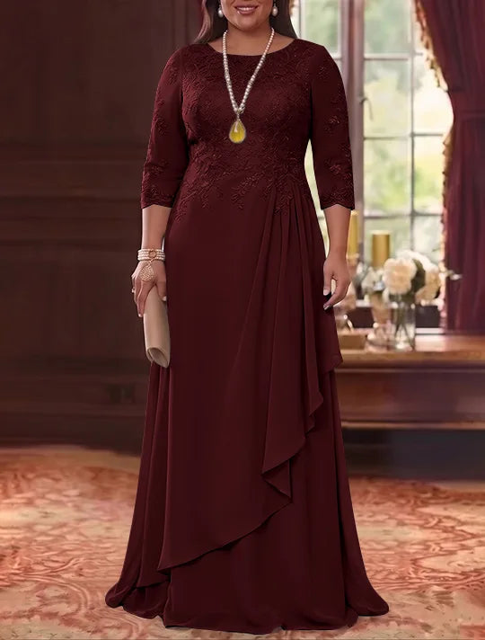 A-Line/Princess Scoop Chiffon Plus Size Mother of the Bride Dresses 3/4 Sleeves Lace Floor-Length With Pleated