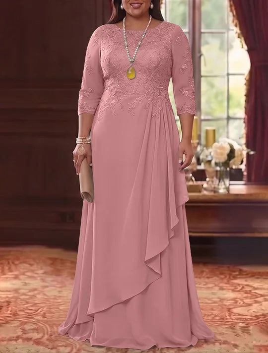 A-Line/Princess Scoop Chiffon Plus Size Mother of the Bride Dresses 3/4 Sleeves Lace Floor-Length With Pleated