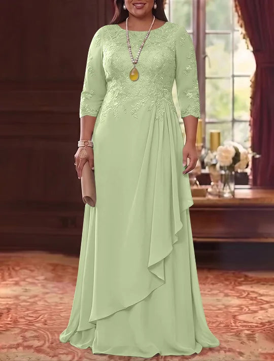 A-Line/Princess Scoop Chiffon Plus Size Mother of the Bride Dresses 3/4 Sleeves Lace Floor-Length With Pleated