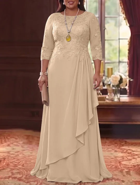 A-Line/Princess Scoop Chiffon Plus Size Mother of the Bride Dresses 3/4 Sleeves Lace Floor-Length With Pleated